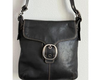 VTG COACH Bleecker Schwarz Leder Messenger Bag Y2K Schnalle Klappe Crossbody Grunge