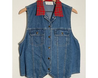 Vintage des années 90 Casey & Max Denim Vest Plaid Flanelle Collar Grunge Punk Gilet L