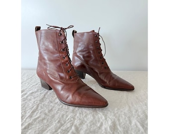 Vintage Nickels Victorian Lace Up Boots Brown Pointed Toe Block Heel Italy 9.5 B