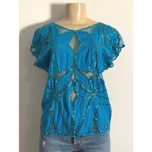 Vintage Sequin Crochet Top Mesh Turquoise Blue Boho Mermaidcore Festival Floral