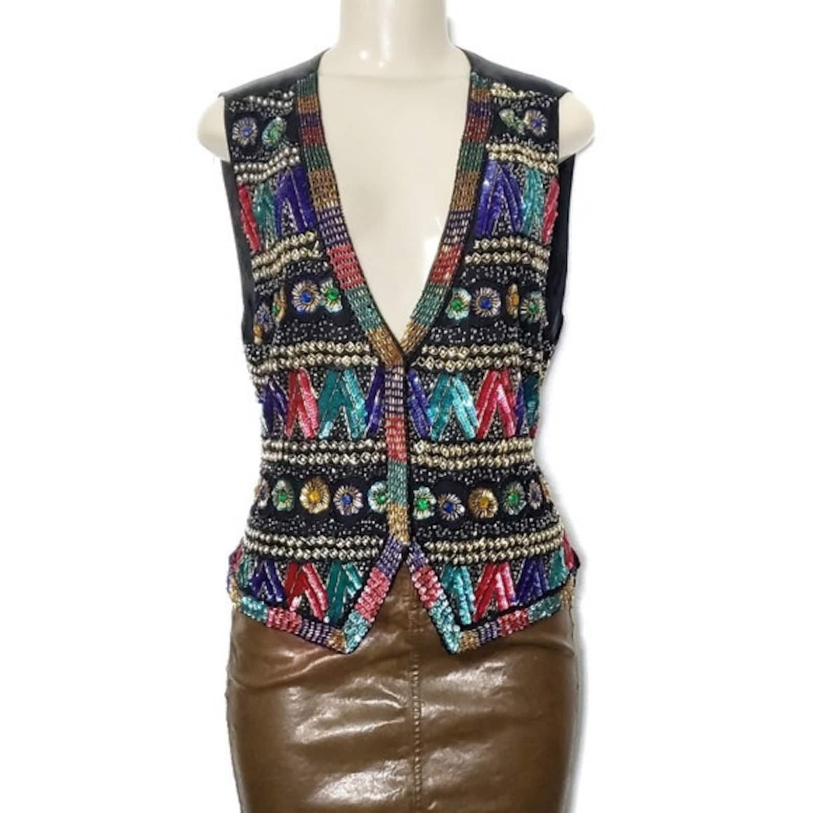 Vintage MODI Sequin Beaded Festive Vest S Rayon Jeweled Etsy