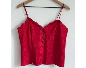 Vintage Valerie Stevens Red Jacquard Floral Cami Top M Coquette Regency Satin