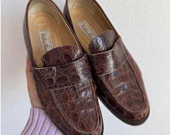 Wilkes Bashford Penny Loafers 6.5 Brown Crocodile Leather Lug Sole Made in Italy