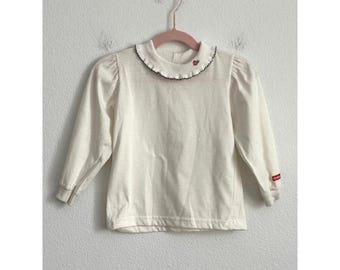 Vintage OshKosh B'gosh Ruffle Neck Top 2T Cream Rose Broderad Långärmad USA