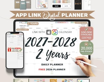 Może przedstawiać: Cyfrowy planer wyświetlany na ekranie tabletu i smartfona, zawierający tekst 2027-2028 2 Years Daily Planner. Interfejs obejmuje widoki kalendarza, ikony integracji z kalendarzami Apple i Google oraz różne cyfrowe naklejki, okładki i palety kolorów.