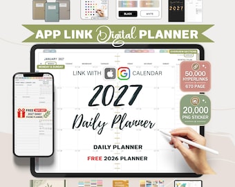 May include: A digital planner for 2027 displayed on a tablet and smartphone, featuring Apple and Google calendar integration, 50,000 hyperlinks, 670 pages, 20,000 PNG stickers, 100 covers, 100 washi tapes, 50 color palettes, and 100 templates.