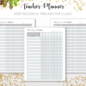 May include: Three printable teacher planner pages with grid layouts for tracking attendance, homework, and grades. The pages are titled "The Attendance Record", "The Homework Tracker", and "The Grade Tracker".