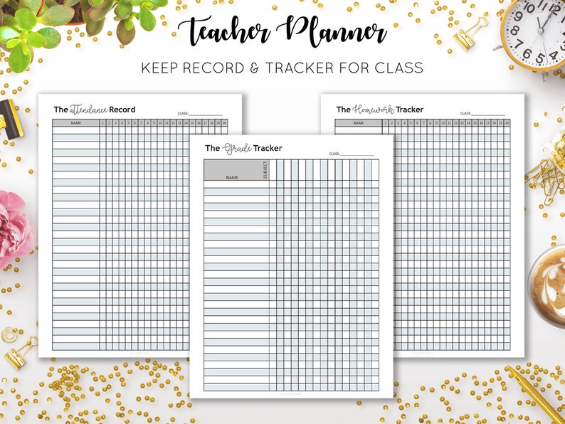 May include: Three printable teacher planner pages with grid layouts for tracking attendance, homework, and grades. The pages are titled "The Attendance Record", "The Homework Tracker", and "The Grade Tracker".