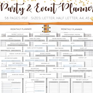 Puede incluir: Un conjunto de 58 páginas imprimibles para planificar fiestas y eventos. Las páginas están organizadas en planificadores mensuales, semanales y diarios, así como listas de verificación para tareas como pagos de proveedores, listas de invitados y planos de asientos. Las páginas están diseñadas en un estilo minimalista con colores grises y blancos.