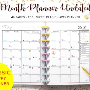 Monthly Planner Undated Monthly Organizer Calendar 2 Page Layout Month at a Glance To-Do List Mambi Classic Happy Planner HP Inserts Refill