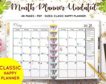 Monthly Planner Undated Monthly Organizer Calendar 2 Page Layout Month at a Glance To-Do List Mambi Classic Happy Planner HP Inserts Refill