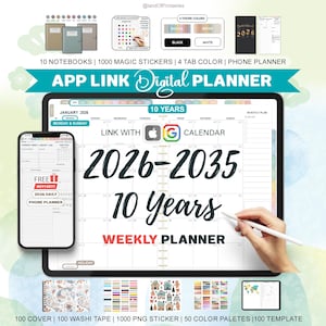 Digital Weekly Planner, Goodnotes Planner, Notability Planner, 2026 - 2035, 10Years Digital Planner, Hyperlinked Planner, Digital Sticker