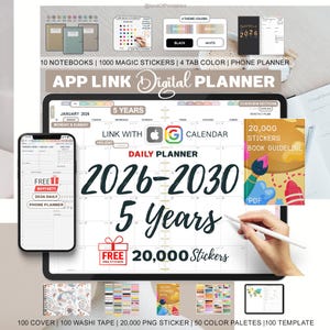 以下が含まれることがあります： 2026年から2030年までのデジタルプランナー。10冊のノート、1000個の魔法のステッカー、4色のタブが含まれています。電話プランナー、20,000個のステッカー、ガイドラインも含まれています。プランナーはGoogleカレンダーにリンクします。
