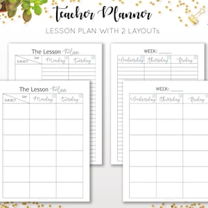 May include: Two printable lesson plan templates for teachers. The first template is a weekly planner with columns for Wednesday, Thursday, and Friday. The second template is a lesson plan with columns for Monday and Tuesday.