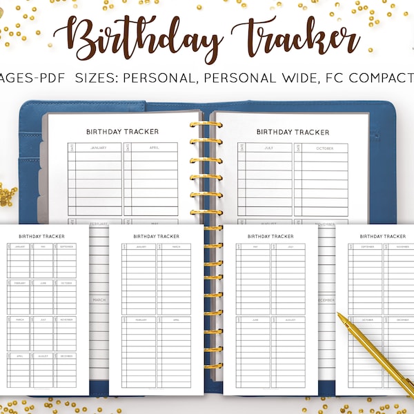 Birthday Tracker Printable, Birthday Tracker Calendar, Perpetual Calendar Birthday, Filofax Personal Wide A6 FC Compact PDF Inserts Refill