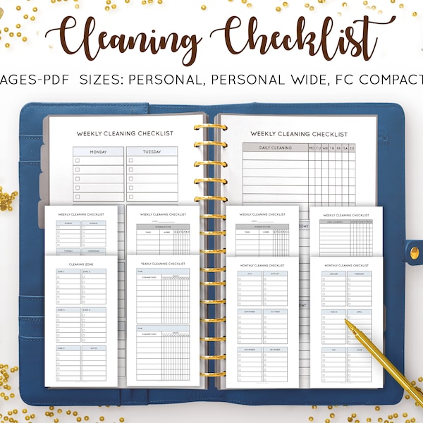 Cleaning Checklist, Cleaning Schedule Template, Cleaning Planner, Chores Checklist, Filofax Personal Wide A6 FC Compact PDF Inserts Refill