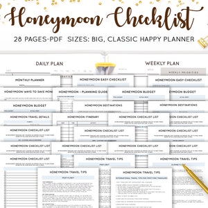 May include: A planner titled "Honeymoon Checklist" with 28 pages in PDF format. The planner includes sections for daily and weekly plans, checklists, budget, travel tips, and itinerary. The planner is designed for Big and Classic Happy Planner sizes.
