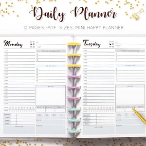 Daily Planner Printable, Daily Schedule, Undated Agenda Template Day Hourly Tracker Mini Mambi Happy Planner HP Discbound Inserts Refill PDF