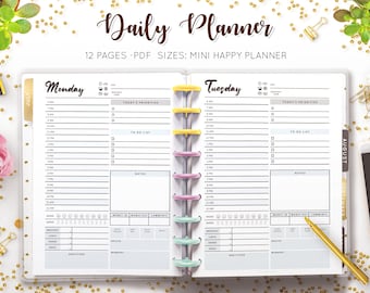 Daily Planner Printable, Daily Schedule, Undated Agenda Template Day Hourly Tracker Mini Mambi Happy Planner HP Discbound Inserts Refill PDF
