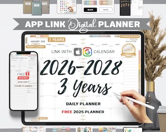 Puede incluir: Un planificador digital que se muestra en una tableta y un teléfono, con el texto "2026-2028 3 años Planificador diario". Incluye cuadernos, pegatinas, cinta washi y paletas de colores. El planificador se vincula con Apple y Google Calendar.