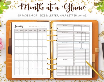 Month at a Glance Monthly Planner Undated Monthly Organizer Layout Agenda Budget Bill Habit Tracker To Do List Printable Inserts PDF Refill