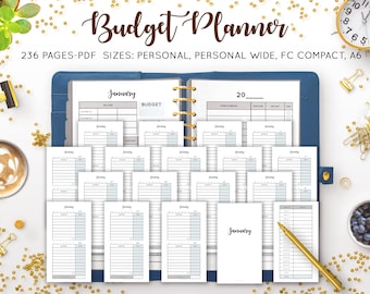 May include: A blue budget planner with multiple pages, including "January" pages. The planner includes sections for income, budget, and other expenses. The text "Budget Planner" and "236 PAGES-PDF SIZES: PERSONAL, PERSONAL WIDE, FC COMPACT, A6" are visible.