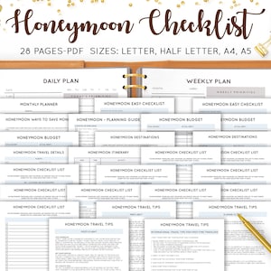 May include: A brown leather planner with a "Honeymoon Checklist" title. Inside are pages for daily and weekly plans, budget, travel details, and checklists. The planner includes sizes for Letter, Half Letter, A4, and A5 paper. A gold pen and clock are visible.