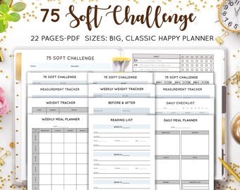 75 SOFT Challenge Tracker, 75 Day Easy Challenge, Weekly Meal Planner, Habit Tracker Printable, Template, Mambi Happy Planner Inserts Refill
