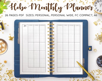 Hobonichi Monthly Printable, Undated Monthly Planner, Grid Planner, Hobo Techo, Filofax Personal Wide A6 FC Compact PDF Printable Inserts