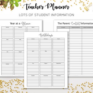 May include: A printable teacher planner with sections for a year at a glance, birthdays, and parent contact information. The planner has a black and white design with a simple, modern aesthetic.