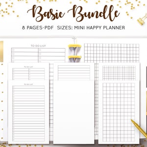 以下が含まれることがあります： 「Basic Bundle」と「8 PAGES-PDF SIZES: MINI HAPPY PLANNER」のテキストが入ったプランナーバンドル。バンドルには、To-Doリストページとグリッドページが含まれています。金のペン、時計、その他の文房具も表示されています。