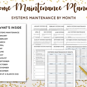 May include: A printable home maintenance planner with a checklist for each month of the year. The planner includes sections for systems maintenance, such as HVAC, plumbing, and electrical, as well as a year-at-a-glance section.