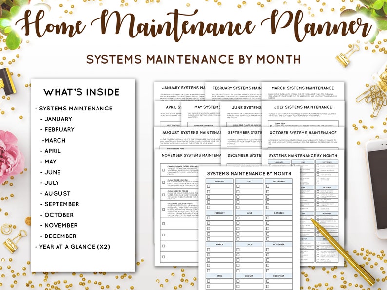 May include: A printable home maintenance planner with a checklist for each month of the year. The planner includes sections for systems maintenance, such as HVAC, plumbing, and electrical, as well as a year-at-a-glance section.
