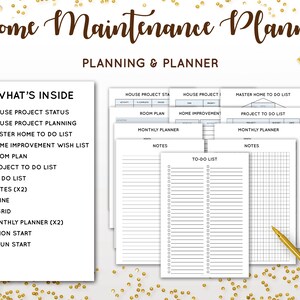 May include: A printable home maintenance planner with a list of what's included: house project status, house project planning, master home to do list, home improvement wish list, room plan, project to do list, to do list, notes, line, grid, monthly planner, mon start, sun start.