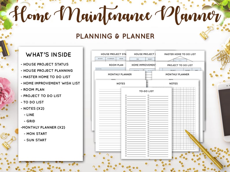 May include: A printable home maintenance planner with a list of what's included: house project status, house project planning, master home to do list, home improvement wish list, room plan, project to do list, to do list, notes, line, grid, monthly planner, mon start, sun start.
