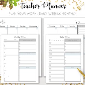May include: A printable teacher planner with a black and white design. The planner includes sections for daily, weekly, and monthly planning. The planner is titled "Teacher Planner" and "Plan Your Work: Daily, Weekly, Monthly". The month of July is shown on the monthly calendar.