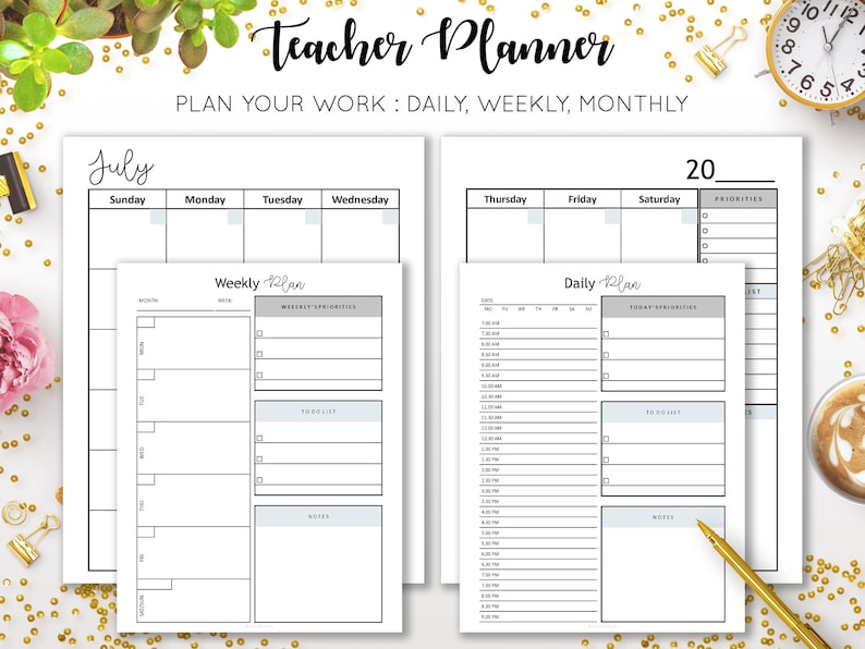 May include: A printable teacher planner with a black and white design. The planner includes sections for daily, weekly, and monthly planning. The planner is titled "Teacher Planner" and "Plan Your Work: Daily, Weekly, Monthly". The month of July is shown on the monthly calendar.