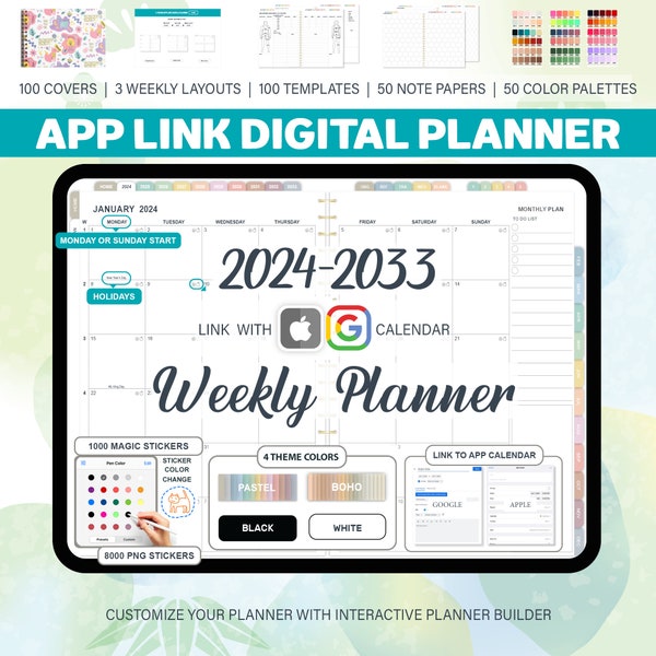 Digital Weekly Planner, Goodnotes Planner, Notability Planner, 2024 2025 - 2033, 10Years Digital Planner, Hyperlinked Planner, Sticker