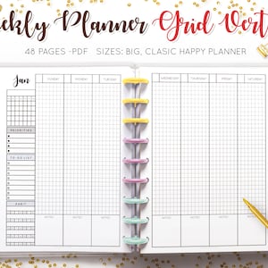 May include: A vertical weekly planner with a grid layout, featuring sections for priorities, to-do lists, and habits. The planner includes the month of January and has a colorful binding. The text on the planner reads "Weekly Planner Grid Vertical".