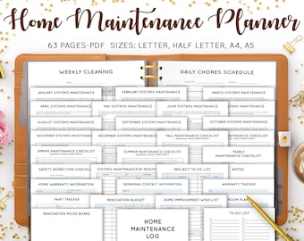 May include: A brown leather binder with a white label that reads "Home Maintenance Planner" and contains 63 pages of printable checklists and forms for home maintenance tasks. The binder is open to reveal pages with titles such as "Weekly Cleaning", "Daily Chores Schedule", "Spring Maintenance Checklist", "Safety Inspection Checklist", "Home Warranty Information", "Paint Tracker", "Renovation Mood Board", "Project to Do List", "Repairman Contact Information", "Renovation Budget", "Home Improvement Wish List", "Warranty Tracker", "Room Plan", and "To-Do List".