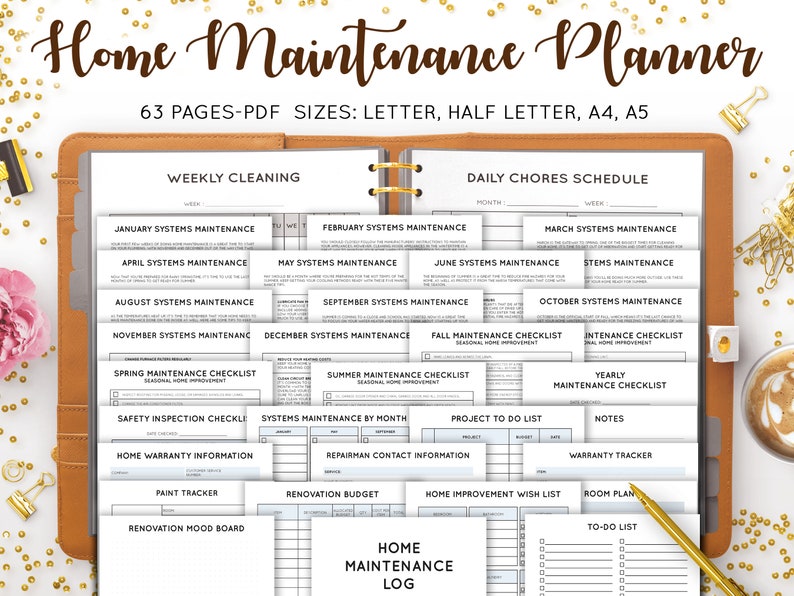 May include: A brown leather binder with a white label that reads "Home Maintenance Planner" and contains 63 pages of printable checklists and forms for home maintenance tasks. The binder is open to reveal pages with titles such as "Weekly Cleaning", "Daily Chores Schedule", "Spring Maintenance Checklist", "Safety Inspection Checklist", "Home Warranty Information", "Paint Tracker", "Renovation Mood Board", "Project to Do List", "Repairman Contact Information", "Renovation Budget", "Home Improvement Wish List", "Warranty Tracker", "Room Plan", and "To-Do List".