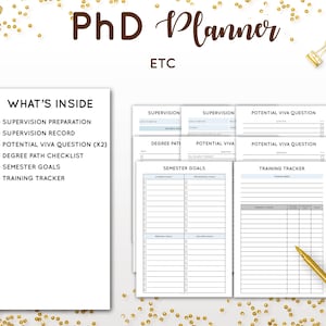 May include: A printable PhD planner with sections for supervision preparation, supervision record, potential viva questions, degree path checklist, semester goals, and training tracker.