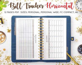 May include: A blue binder with a white page open to a bill tracker and calendar. The page has the text "Yearly Bills Tracker" and "Bill Calendar".