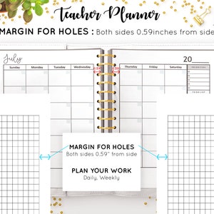 May include: A white teacher planner with a July calendar page, a notes page, and a section for planning work. The planner has a grey binding and a white label that says "MARGIN FOR HOLES: Both sides 0.59 inches from side".