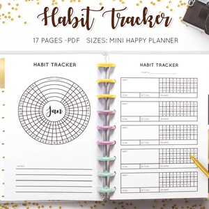 May include: A white open planner with a habit tracker design. The left page features a circular calendar for January, while the right page has space for tracking habits. The planner includes the text "Habit Tracker" and "17 PAGES - PDF SIZES: MINI HAPPY PLANNER".