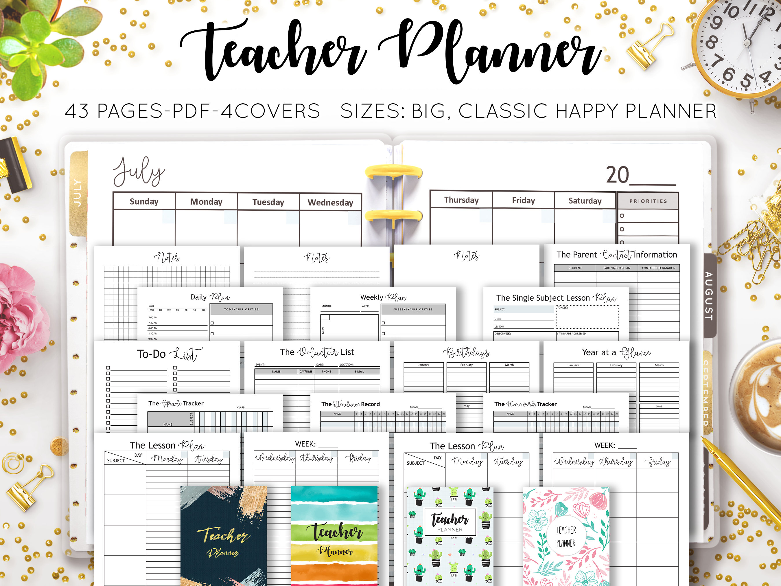 Teacher Planner, Lesson Plan Template, Academic Planner, Undated Printable, Student, High College, Home School, Mambi Happy HP Insert Refill