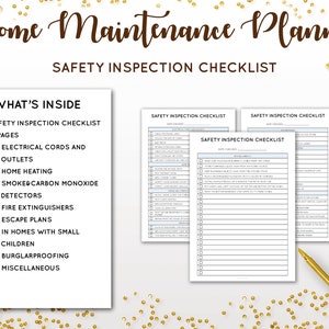May include: A printable home maintenance planner checklist with a white background and black text. The checklist includes sections for safety inspection, electrical cords and outlets, home heating, smoke and carbon monoxide detectors, fire extinguishers, escape plans, burglarproofing, and miscellaneous.