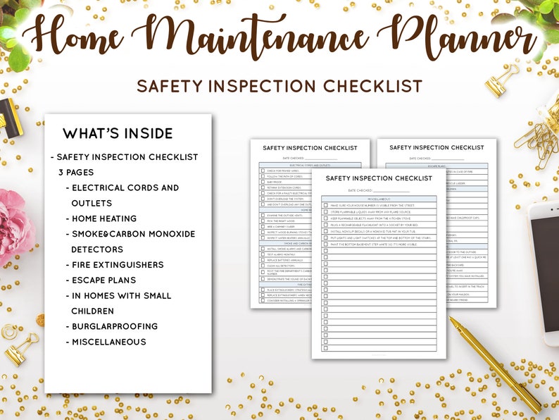 May include: A printable home maintenance planner checklist with a white background and black text. The checklist includes sections for safety inspection, electrical cords and outlets, home heating, smoke and carbon monoxide detectors, fire extinguishers, escape plans, burglarproofing, and miscellaneous.