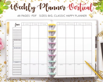 Weekly Planner Undated Vertical Layout 2 Page Worksheet Agenda Organizer Habit Tracker To Do List Mambi Happy Planner HP Inserts PDF Refill