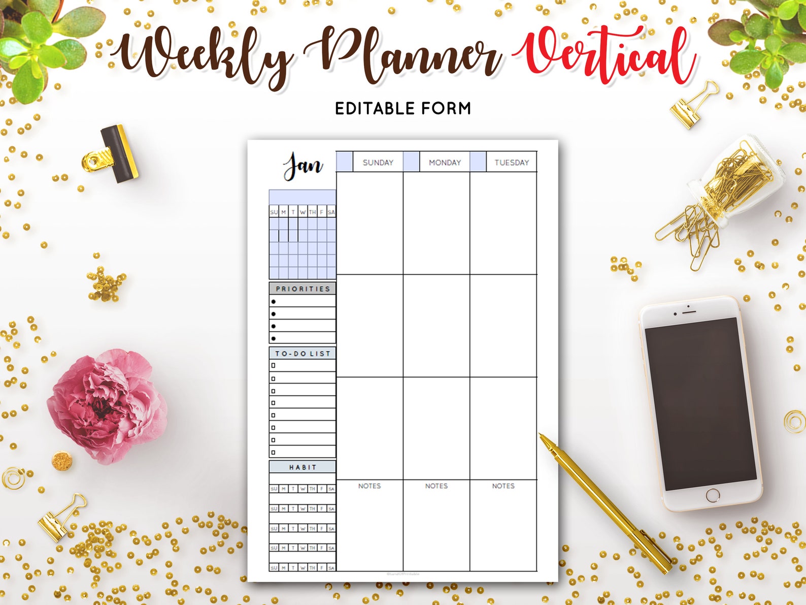 Weekly Planner Undated Vertical Layout 2 Page Worksheet Agenda ...